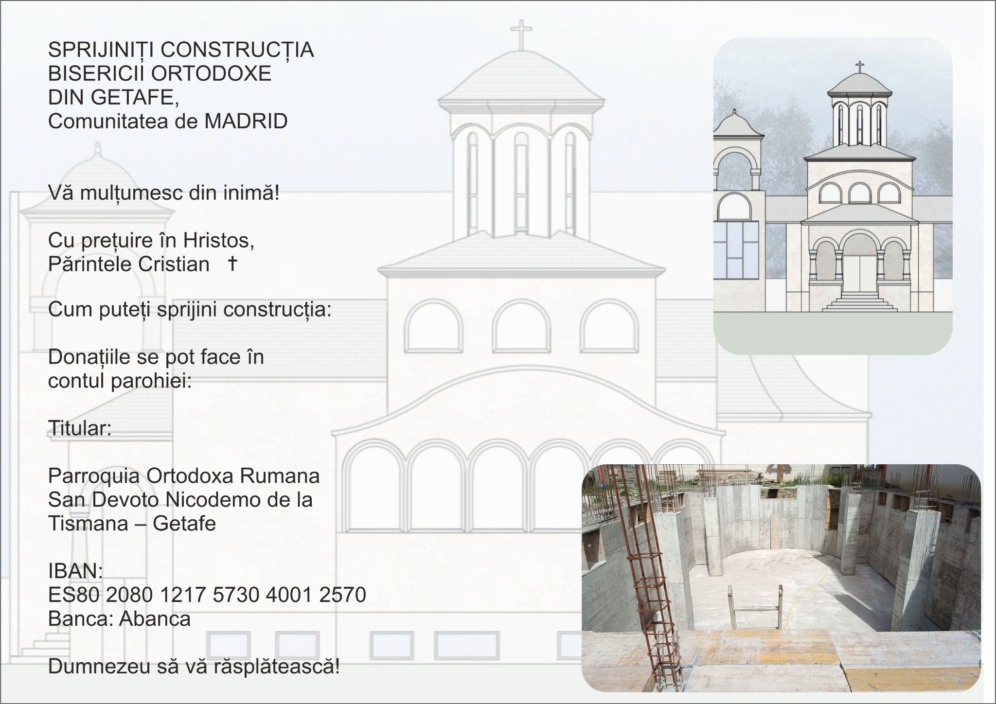 Afiș pentru donații și sprijinirea construcției Bisericii Ortodoxe din Getafe
